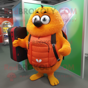 Orange Kiwi mascot costume character dressed with a Cover-up and Backpacks