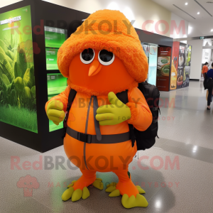 Orange Kiwi mascot costume character dressed with a Cover-up and Backpacks