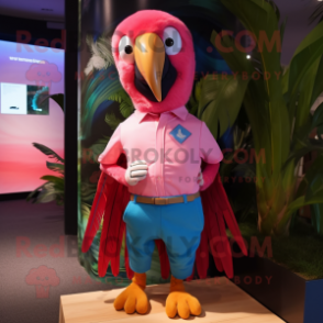 Pink Macaw mascot costume character dressed with a Bermuda Shorts and Pocket squares