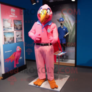 Pink Macaw mascot costume character dressed with a Bermuda Shorts and Pocket squares