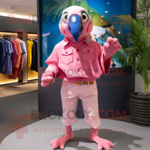 Pink Macaw mascot costume character dressed with a Bermuda Shorts and Pocket squares
