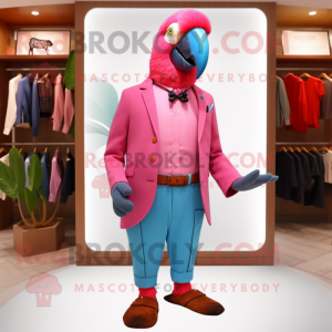 Pink Macaw mascot costume character dressed with a Bermuda Shorts and Pocket squares