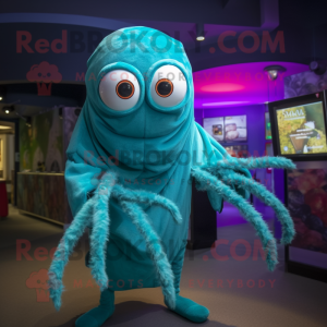 Turquoise Spider mascot costume character dressed with a Coat and Wraps