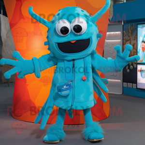 Turquoise Spider mascot costume character dressed with a Coat and Wraps