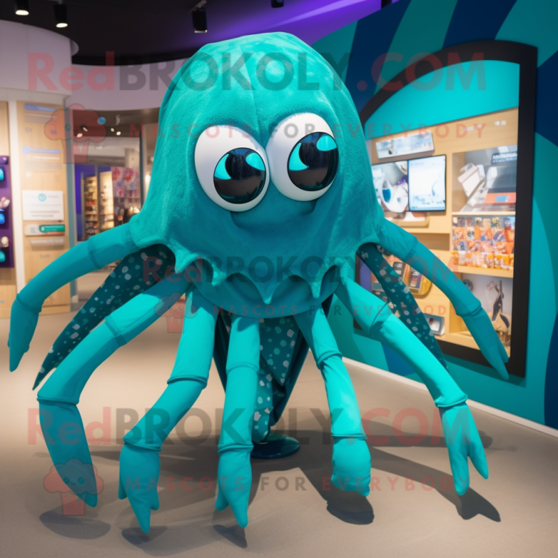 Turquoise Spider mascot costume character dressed with a Coat and Wraps