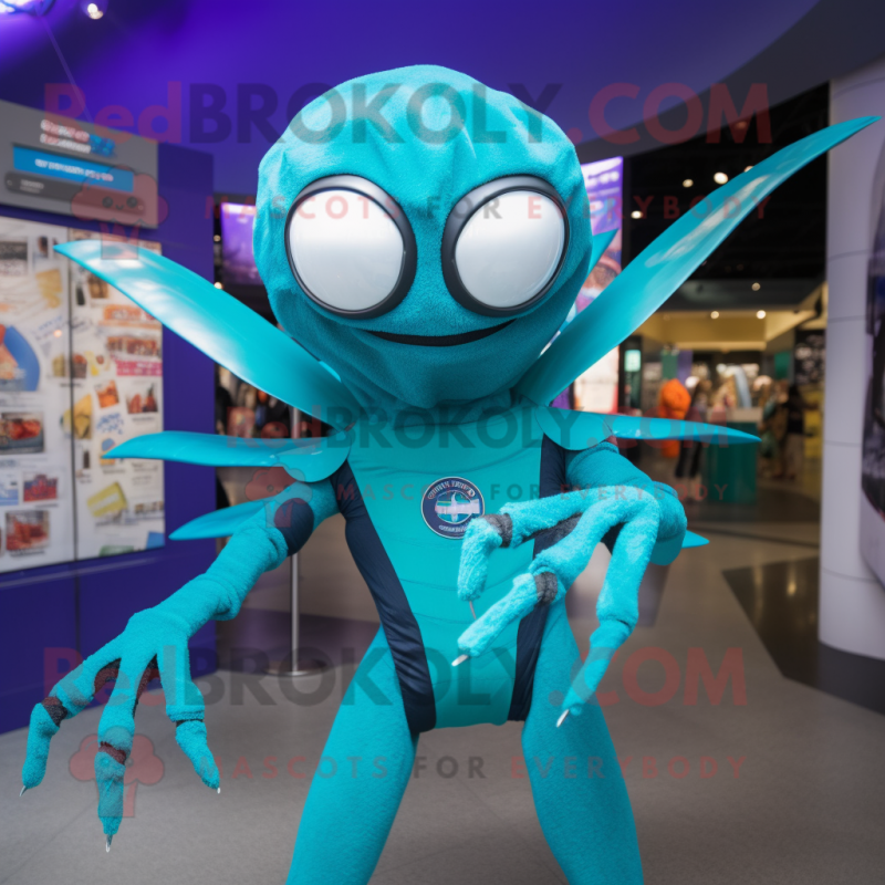 Turquoise Spider mascot costume character dressed with a Coat and Wraps