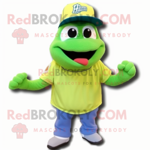 Lime Green Aglet mascot costume character dressed with a Baseball Tee and Beanies