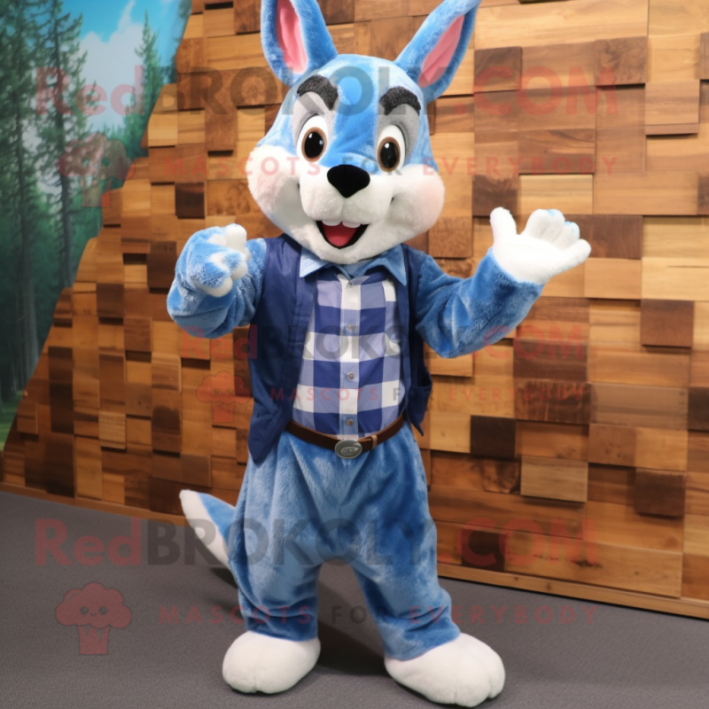 Blue Wild Rabbit mascot costume character dressed with a Flannel Shirt and Gloves Blue Wild Rabbit mascot costume character dressed with a Flannel Shirt and Gloves