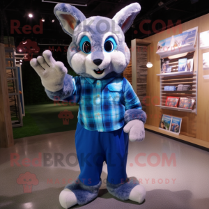 Blue Wild Rabbit mascot costume character dressed with a Flannel Shirt and Gloves