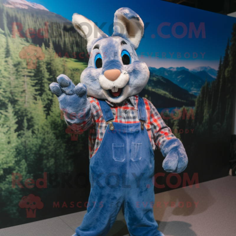Blue Wild Rabbit mascot costume character dressed with a Flannel Shirt and Gloves