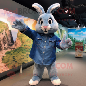 Blue Wild Rabbit mascot costume character dressed with a Flannel Shirt and Gloves