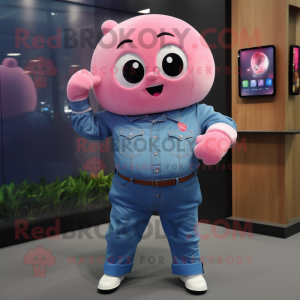 Pink Dim Sum mascot costume character dressed with a Denim Shirt and Smartwatches