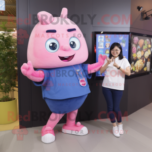 Pink Dim Sum mascot costume character dressed with a Denim Shirt and Smartwatches