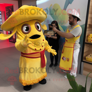 Yellow Fajitas mascot costume character dressed with a Romper and Coin purses