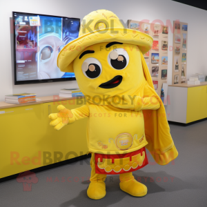 Yellow Fajitas mascot costume character dressed with a Romper and Coin purses