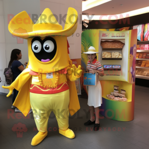 Yellow Fajitas mascot costume character dressed with a Romper and Coin purses