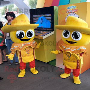 Yellow Fajitas mascot costume character dressed with a Romper and Coin purses