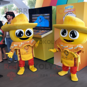 Yellow Fajitas mascot costume character dressed with a Romper and Coin purses