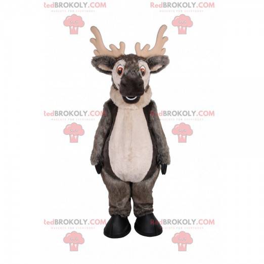 Graues Rentiermaskottchen mit einem großen Lächeln -