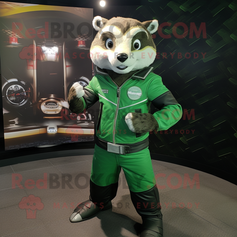 Green Badger mascot costume character dressed with a Moto Jacket and Foot pads