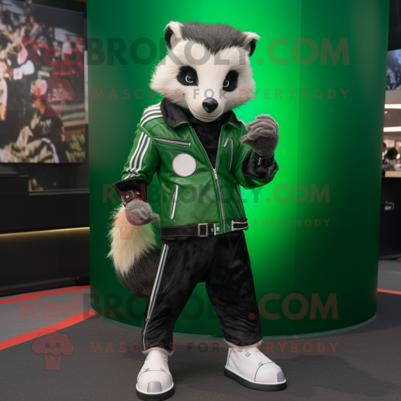 Green Badger mascot costume character dressed with a Moto Jacket and Foot pads