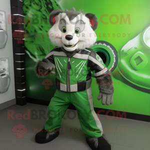 Green Badger mascot costume character dressed with a Moto Jacket and Foot pads