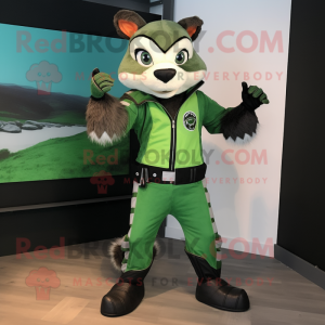 Green Badger mascot costume character dressed with a Moto Jacket and Foot pads