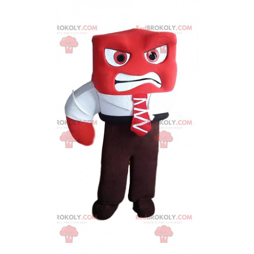 Mascota de muñeco de nieve rojo agresivo con su traje y corbata