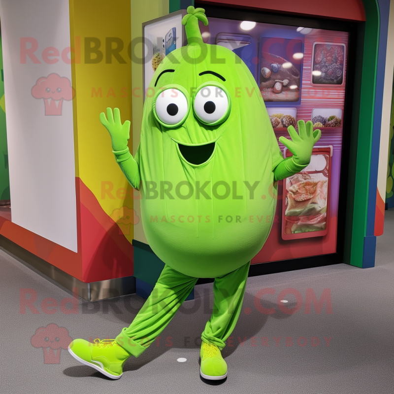 Lime Green Green Bean mascot costume character dressed with a Joggers and Clutch bags