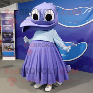 Lavender Blue Whale mascot costume character dressed with a Maxi Skirt and Lapel pins