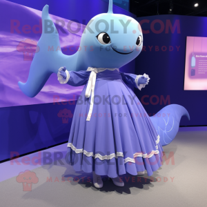 Lavender Blue Whale mascot costume character dressed with a Maxi Skirt and Lapel pins