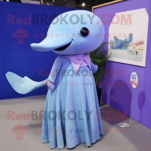 Lavender Blue Whale mascot costume character dressed with a Maxi Skirt and Lapel pins