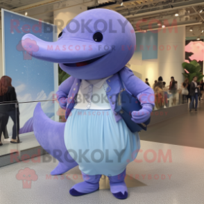 Lavender Blue Whale mascot costume character dressed with a Maxi Skirt and Lapel pins