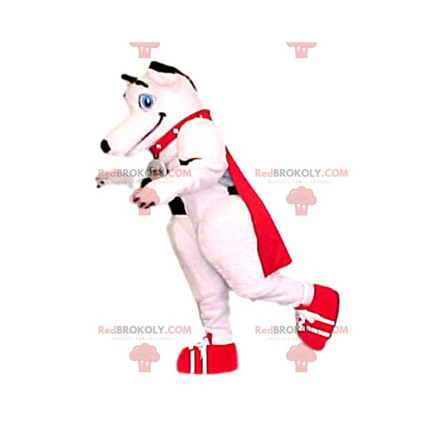 Mascote cachorro branco com sua capa vermelha - Redbrokoly.com