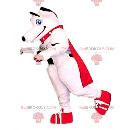 Biały pies maskotka z czerwoną peleryną - Redbrokoly.com
