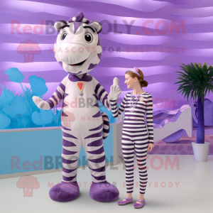 Lavender Zebra mascot costume character dressed with a One-Piece Swimsuit and Tie pins