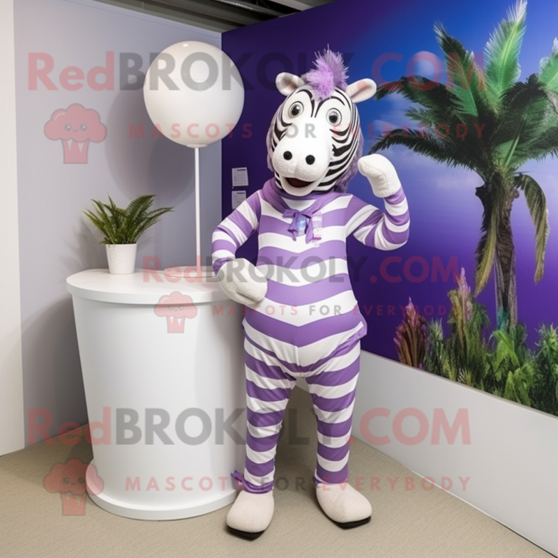 Lavender Zebra mascot costume character dressed with a One-Piece Swimsuit and Tie pins