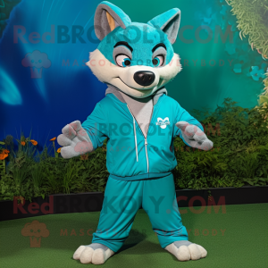 Cyan Dingo mascot costume character dressed with a Sweatshirt and Bow ties