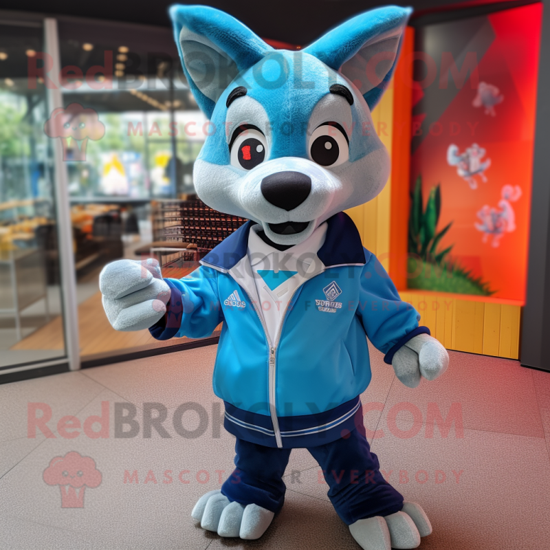 Cyan Dingo mascot costume character dressed with a Sweatshirt and Bow ties Cyan Dingo mascot costume character dressed with a Sweatshirt and Bow ties