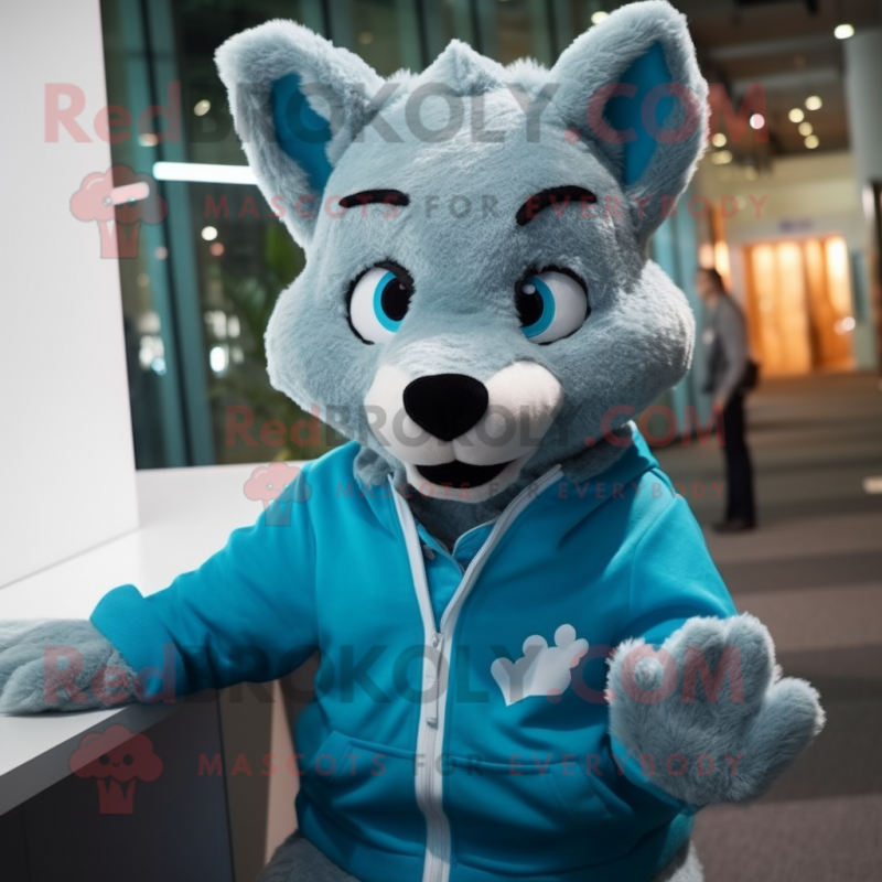 Cyan Dingo mascot costume character dressed with a Sweatshirt and Bow ties