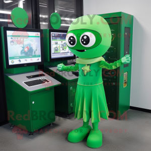 Forest Green Computer mascot costume character dressed with a Wrap Dress and Digital watches