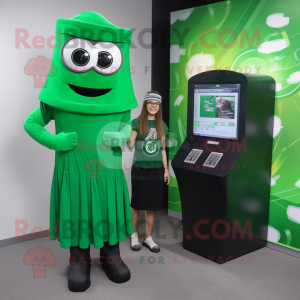Forest Green Computer mascot costume character dressed with a Wrap Dress and Digital watches