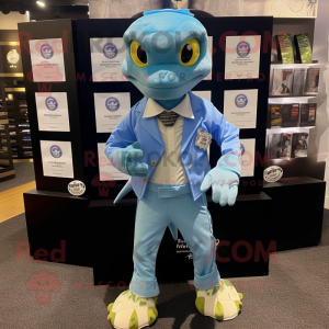 Sky Blue Geckos mascot costume character dressed with a Oxford Shirt and Coin purses