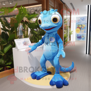 Sky Blue Geckos mascot costume character dressed with a Oxford Shirt and Coin purses