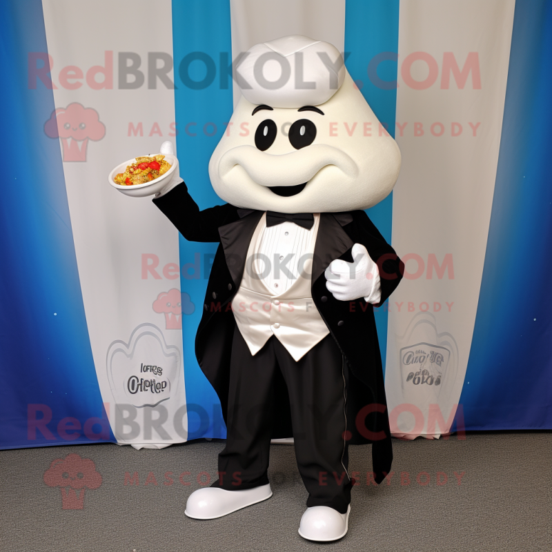 White Clam Chowder mascot costume character dressed with a Tuxedo and Hair clips