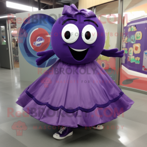 Purple Candy mascot costume character dressed with a Circle Skirt and Ties