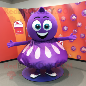 Purple Candy mascot costume character dressed with a Circle Skirt and Ties