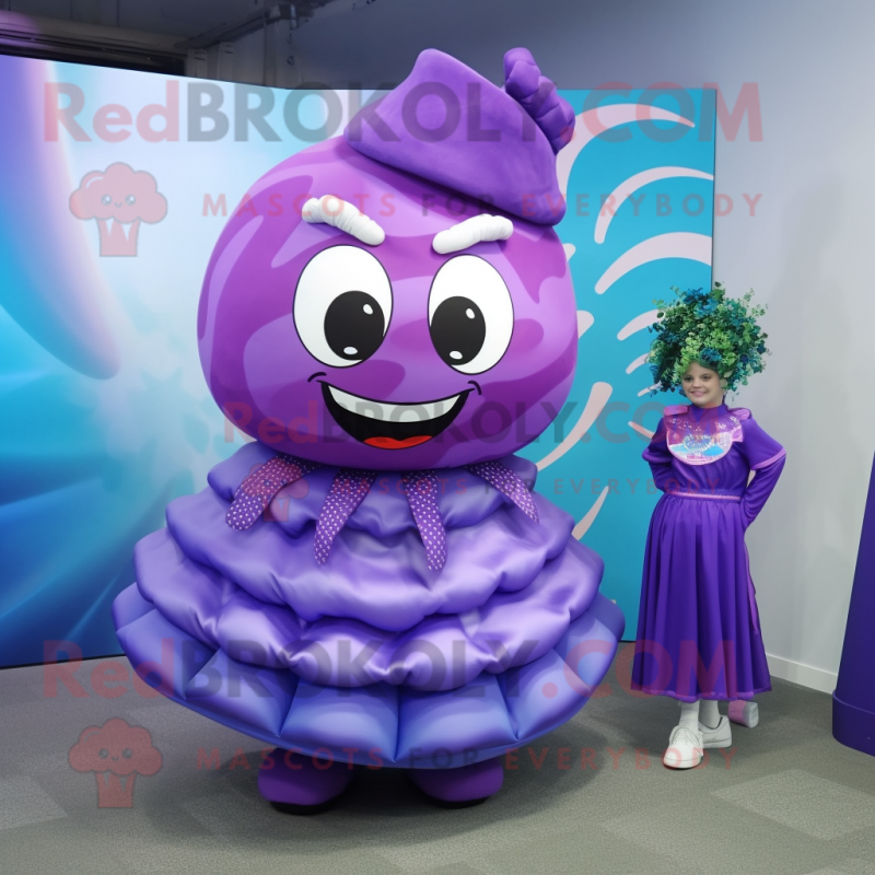 Purple Candy mascot costume character dressed with a Circle Skirt and Ties Purple Candy mascot costume character dressed with a Circle Skirt and Ties