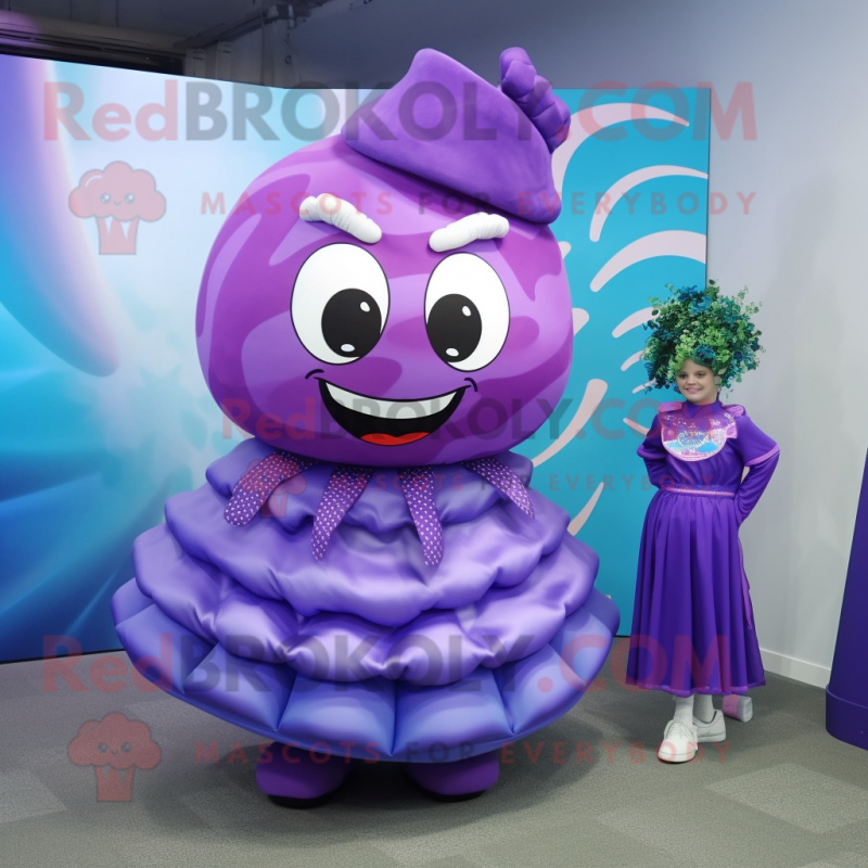 Purple Candy mascot costume character dressed with a Circle Skirt and Ties