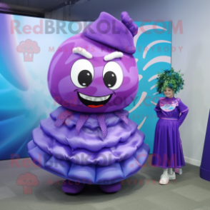 Purple Candy mascot costume character dressed with a Circle Skirt and Ties